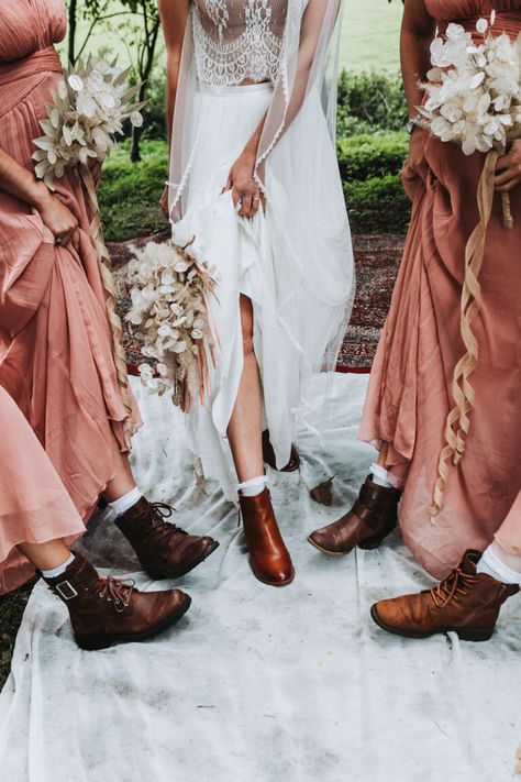 Earthy Woodland Boho Yurt Village Wedding With Pampas Grass Boots With Bridesmaid Dress, Wedding Shoes Outdoor Brides, Boho Wedding Boots, Bride In Boots, Forest Wedding Shoes, Bridesmaid Dress With Boots, Outdoor Wedding Shoes For Bride, Boots For Bridesmaids, Bridesmaid Dresses With Boots