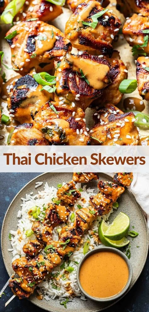 Thai Chicken Skewers Thai Chicken Skewers, Easy Thai Chicken, Thai Grilled Chicken, Cookout Party, Grilled Chicken Skewers, Spicy Peanut Sauce, Skewers Grill, Easy Grilling, Thai Chicken