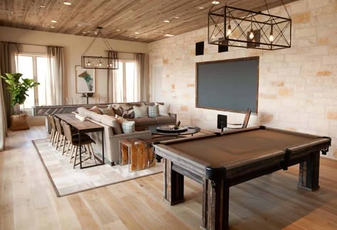 Dreamy contemporary home overlooking Possum Kingdom Lake, Texas Hangout Room, Media Room Design, Game Room Basement, Basement Living Rooms, Game Room Family, Man Cave Home Bar, Home Theater Rooms, Small Room Design, Basement Decor