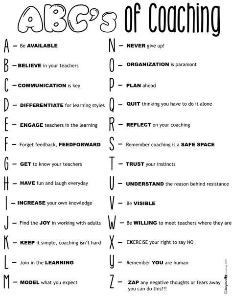 ABC's of Instructional Coaching. Great ideas to consider when coaching or thinking about becoming an Instructional Coach. Instructional Coach Interview, Coach Speech Ideas, Instructional Facilitator, Literacy Coaching Elementary, Instructional Coach Shirt, Instructional Coaching Menu Teachers, Coaching Strategies, Instructional Coach Planner, Academic Coach