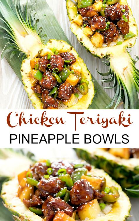 Chicken Teriyaki Pineapple Bowls. These are great for serving at a party with their fun presentation. Pineapple Bowl Recipe, Teriyaki Pineapple, Pineapple Bowls, Pineapple Bowl, Chicken Teriyaki, Pineapple Recipes, Hawaiian Food, At A Party, Teriyaki Chicken