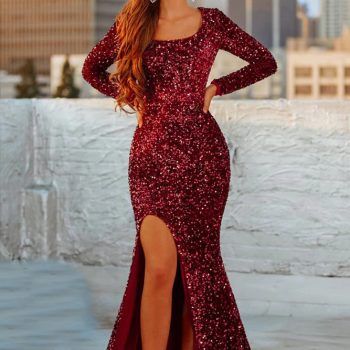 Dark Red Prom Dress Long, Mermaid Prom Dresses With Sleeves, Sparkly Red Dress, Red Prom Dress Long, Sparkle Prom Dress, Dream Prom Dress, Evening Dresses Online, Long Sleeve Prom, Sequin Prom Dresses