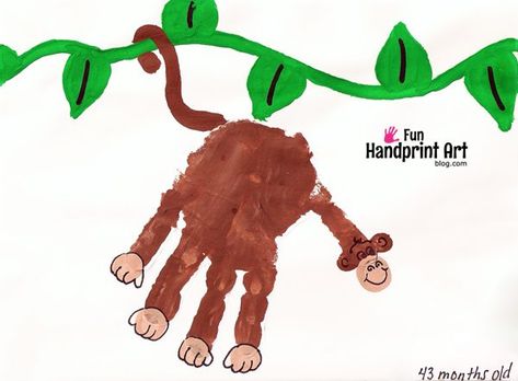 Adore monkeys? Make a Handprint Monkey swinging on a vine craft with your baby, toddler, preschooler or older! Handprint Monkey, Zoo Animals Preschool Activities, Zoo Animals Preschool, Art For Toddlers, Hands Craft, Jungle Animal Art, Zoo Animal Crafts, Baby Footprint Art, Animal Activities For Kids