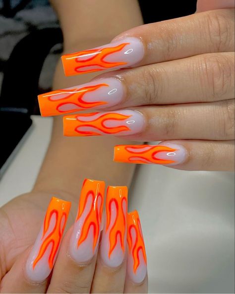 Neon Orange Flame Nails, Red Nails Fire Design, Orange Flames Nails, Red And Orange Flame Nails, Pink Flame Nails Acrylic, Orange Flame Acrylic Nails, Nails With Flames Design, Simple Flame Nails, Flame Nails Orange