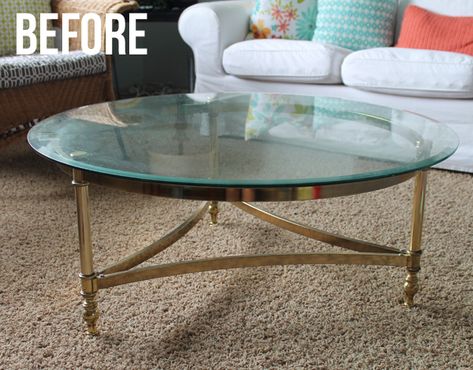 This ugly brass coffee table gets a makeover. Click through to see the "after" pictures! Glass Top Coffee Table Makeover, Glass Table Redo, Glass Coffee Table Makeover, Coffee Table Redo, Furniture Repurposing, Brass Coffee, Table Redo, Coffee Table Makeover, Furniture Redos