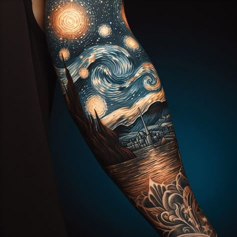 Starry Night Sleeve Tattoo, Vincent Van Gogh Tattoos, Starry Night Tattoo Ideas, Van Gogh Starry Night Tattoo, Van Gogh Tattoo Ideas, Night Sky Tattoo, Three Eyed Cat, Night Sky Tattoos, Starry Night Tattoo