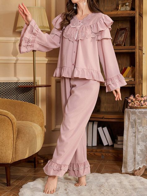 Vintage Palace Style Ruffle Trim Button Up Top And Pants Pajama Set For Women Dusty Pink Gorgeous-Vintage  Long Sleeve Woven Fabric Plain  Non-Stretch Spring/Summer Women Sleep & Lounge, size features are:Bust: ,Length: ,Sleeve Length: Maternity Pajama Set, Vintage Palace, Embroidered Robes, Satin Pj Set, Vintage Manga, Satin Pyjama Set, Floral Print Maxi, Satin Pajamas, Sleepwear Sets