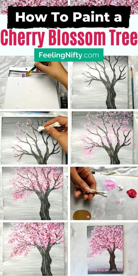 Learn how to paint an easy cherry blossom tree painting- perfect for beginners who want to keep it simple. This tutorial uses acrylic paints to create the abstract landscape of the Japanese cherry blossom tree using mixed pink paints. This diy painting can be done on canvases (on the wall for home decor) or in art journals. This step by step tutorial can also be done by kids, teen art projects, senior craft projects, etc..It's an easy painting idea! #acrylicPainting #DiyArt #PaintingIdeas #art Japanese Blossom Painting, Easy Diy Art Artwork, How To Paint Cherry Blossom Tree, Acrylic Painting Step By Step Easy, Cherry Blossom Trees Painting, Acrylic Art For Beginners Step By Step, Easy Art Work Ideas, Cherry Blossom Painting On Canvas, How To Paint Cherry Blossoms Acrylic