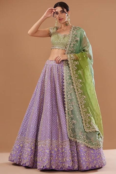 Lilac Organza Embroidered Lehenga Set Design by Anushree Reddy at Pernia's Pop Up Shop 2024 Lavender Outfit Ideas Indian, Anushree Reddy Lehenga, Engagement Clothes, Lehenga Purple, Lilac Lehenga, Lehenga For Wedding, Janvi Kapoor, Embroidered Bridal Lehenga, Lavender Outfit