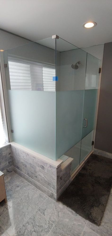 Frameless Shower Door with half frosted glass. - Floyd Glass & Window | Facebook Shower Doors Frosted Master Bath, Frosted Glass Showers, Half Frosted Shower Glass Door Ideas, Frosted Stall Shower Doors, Walk In Shower Frosted Glass Door, Frosted Shower Glass Door Ideas, Partial Frosted Shower Door, Frosted Glass Shower Door, Glass Shower Door