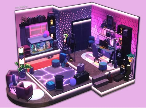 Gamer House Sims 4, Sims 4 Geek Room, Sims 4 Streamer Room, Gamer Room Sims 4, Sims 4 Gaming Room, Futuristic Living Room, Cyberpunk Apartment, Bedroom Gamer, Sims Room