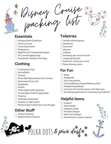 Disney Cruise Packing List. Everything you need to pack for your Disney Cruise, from essentials to pirate night gear! #disneygifts @polkadotpixies What To Pack For Disney Cruise, Disney Cruise Theme Nights, Packing List For Disney Cruise, Pack For Disney Cruise, Disney Cruise Diy, Packing For Disney Cruise, Disney Cruise Ideas, Cruise Disney, What To Pack For A Disney Cruise