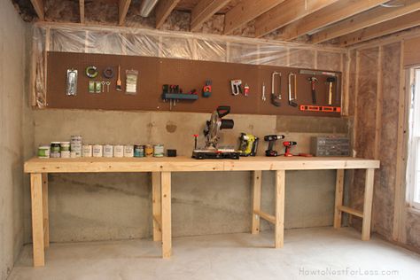 Weekend Project: Basement Workshop - How to Nest for Less™ Garage Work Benches, Workshop Bench, Diy Garage Work Bench, Basement Workshop, Workshop Plans, Work Benches, Garage Renovation, Small Basements, Garage Work Bench