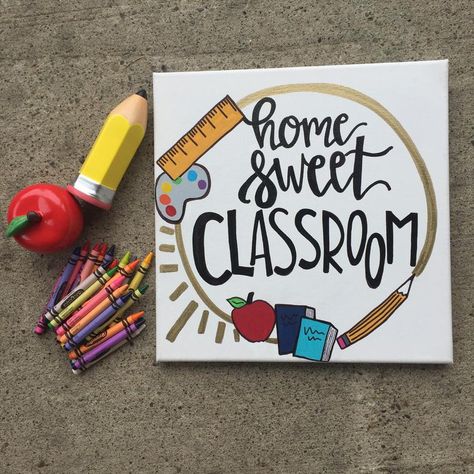 Home Sweet Classroom, Teacher Canvas, Painting Teacher, Unique Teachers Gift, Teacher Door, Mickey Mouse Theme, Teacher Craft, Teachers Diy, Canvas Drawing