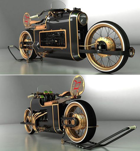 This #steampunk #motorcycle concept could be the coolest #retro trip ever Motorcycle Concept, Steampunk Motorcycle, Steampunk Vehicle, Moto Scrambler, Steampunk Gadgets, Tracker Motorcycle, Fantasy Cars, Motorcycles And Scooter, Dirt Bike Girl