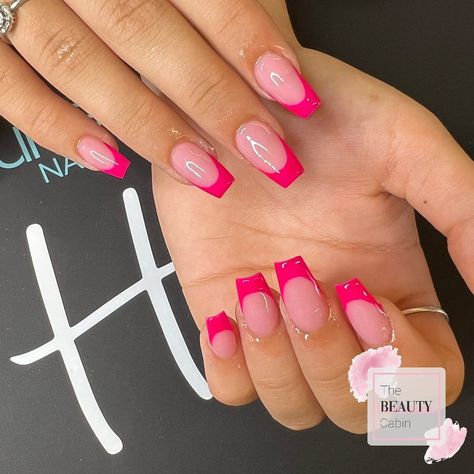 Do you love pink nails and would love to try something new? In that case, this collection of hot pink french tips nails is exactly what you need for the perfect summer manicure! Hot Pink French Tips Square, Hot Pink Nail Tips, Nails Colored Tips, Pink Concert Nails, Bright Pink French Tip Nails, Hot Pink And White Nails, French Tip Pink Nails, Dark Pink Nail Polish, Hot Pink French Tip Nails