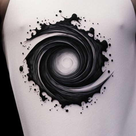 Blackwork Galaxy Tattoo, Space Elbow Tattoo, Call Of The Void Tattoo, Space Eye Tattoo, Circle Design Tattoo, Spiral Galaxy Drawing, Chaos Tattoo Design, Galaxy Chest Tattoo, Shoulder And Upper Arm Tattoos