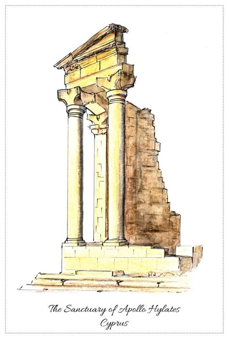 Archeology Aesthetic Room, Jordanian Art, Ruins Drawing, Jordan Painting, Greek Drawing, Ancient Greece Art, Greek Buildings, Greece Architecture, Ancient Drawings