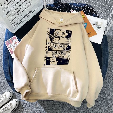 Hunter X Hunter Hoodie, Attack On Titan Hoodie, Khaki Streetwear, One Piece Hoodie, Japanese Hoodie, Anime Hunter, Short Sleeve Sweatshirt, Killua Zoldyck, Vintage Anime