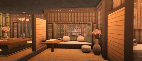 Bloxburg Sauna, Bloxburg Japanese Decals, Bloxburg Academy, Japanese Bloxburg, Bloxburg Japanese House, Bloxburg Cottagecore, Japanese Estate, Blox Burg House Ideas, Japanese Kitchen Ideas