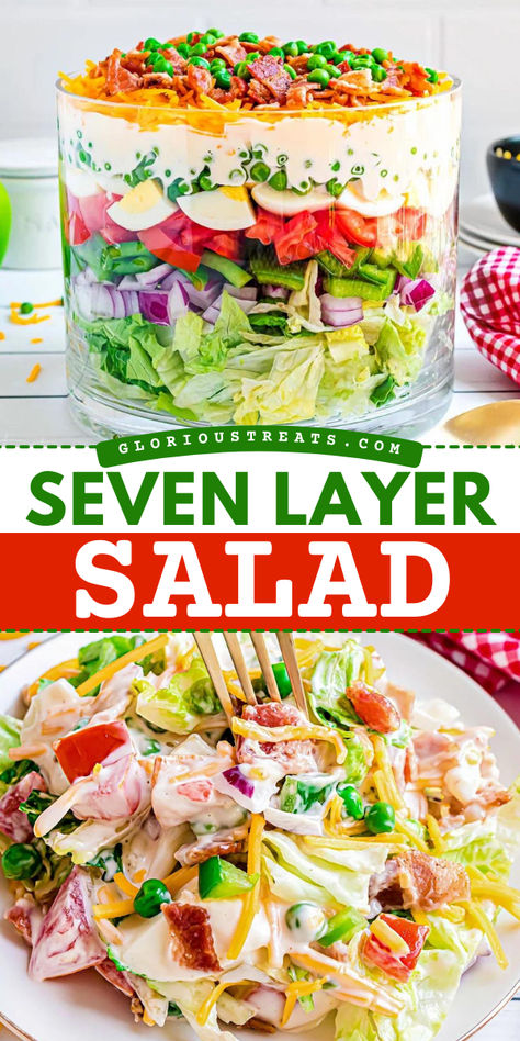 An easy BBQ side dish! Everyone will love this summer salad. Full of fresh and colorful ingredients with a sweet dressing, this seven layer salad recipe is delicious with a striking presentation! Serve this layered salad with your Memorial Day party food! Vegetarian Memorial Day Recipes, Memorial Day Food Ideas Bbq, Memorial Day Salads, Bbq Salad Dressing, Memorial Day Sides, Best Bbq Sides, Sweet Salad Dressing, Salad For Bbq, Memorial Day Side Dishes