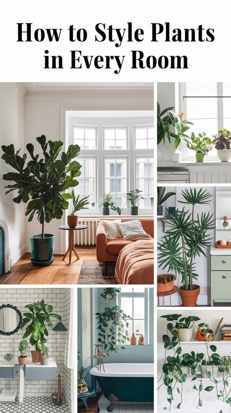 A collage showcasing plant styling ideas for different rooms, including a living room, bathroom, and kitchen with various indoor plants like fiddle leaf figs and pathos. Style Plants, Plant Decor Ideas, Minimalist Homes, Plant Styling, Green Oasis, Pothos Plant, Fiddle Leaf, Fiddle Leaf Fig, Indoor Plant