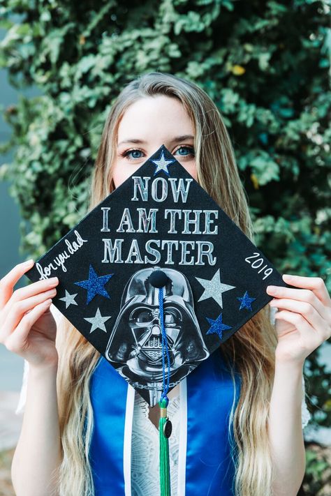 Star Wars graduation cap 👾 -IG: @haylsknights #reeltimefilms Star Wars Masters Grad Cap, Disney Masters Graduation Cap, Grad Cap Star Wars, Graduation Cap Star Wars, Mba Cap Decoration, Star Wars Graduation Cap Ideas, Graduation Cap Designs Star Wars, Masters Degree Cap Ideas, Graduation Cap Masters