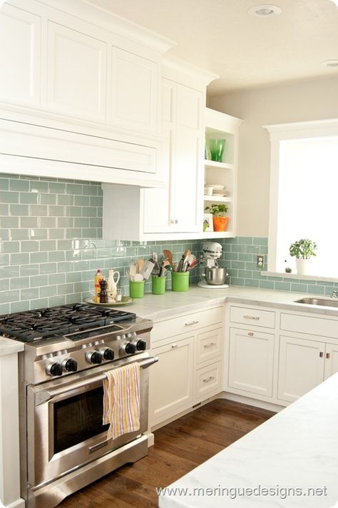 Kitchen With White Cabinets, Backsplash With White Cabinets, Green Subway Tile, Kitchenaid Mixer, Smart Tiles, Subway Tile Kitchen, French Country Kitchens, New Kitchen Cabinets, Beach House Style