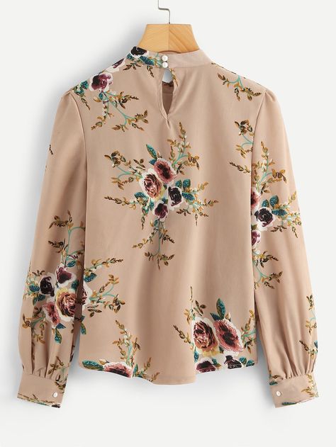 Plus Button Keyhole Floral Print Blouse -SHEIN(SHEINSIDE) Floral Blouse Outfit, Women Floral Blouse, Trendy Fashion Tops, Hijabi Outfits, Bishop Sleeve, Stylish Dress Designs, Floral Print Blouses, Girls Fashion Clothes, Print Blouse