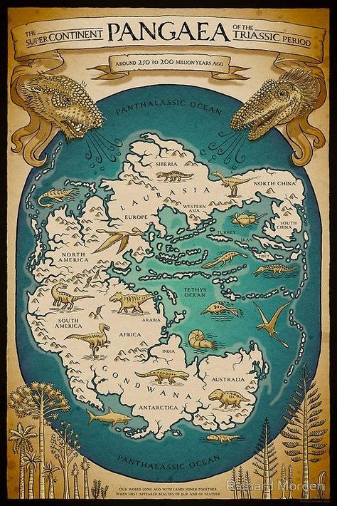 Map of the supercontinent Pangaea of the triassic period [534x800] - Imgur Sheldon The Tiny Dinosaur, Stary Papier, Remote Sensing, Map Of The World, Ancient Maps, Old Maps, Fantasy Map, Prehistoric Animals, Illustrated Map