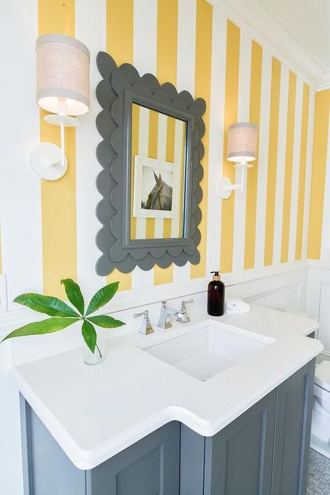 Striped Wallpaper Bathroom, Vintage Bathroom Wallpaper, Bathroom Wallpaper Inspiration, Bathroom Wallpaper Vintage, Yellow Stripes Wallpaper, Bathroom Wallpaper Modern, Wallpaper Accent Wall Bathroom, Striped Walls, Bathroom Design Inspiration