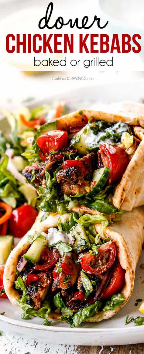 EASY DONER CHICKEN KEBABS (Baked or Grilled) bursting with exotic flavors that will have you drooling! Recipes for wraps or plates with Greek Yogurt Sauce! (+ VIDEO, how to freeze, how to make ahead) #recipes, #dinner #healthyrecipes #chicken#chickenrecipes #recipesfordinner #easyrecipe #easydinner #dinner #dinnerrecipes #dinnerideas #dinnertime #chickenwraps via @carlsbadcraving Doner Kebab Recipe, Kebab Wrap, Doner Kebabs, Kebab Meat, Sauce Video, Döner Kebab, Kebab Recipe, Doner Kebab, Carlsbad Cravings