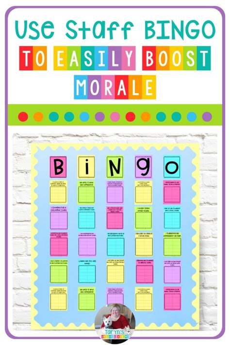 Are you looking for a way to boost morale at your school? Look no further than Staff Morale Bingo!  This interactive bingo game is designed for teachers and school staff. Simply create the life size bingo card on a wall in your office or teachers lounge and get started. Find out more about this employee appreciation activity and how to customize it for your staff in this blog post. Teachers Staffroom Ideas, Bulletin Board For Teachers Lounge, Employee Of The Week Board Ideas, Boast Board Work, Bingo Bulletin Board Ideas, Staff Room Games, Staff Appreciation Board Employee Recognition, Staff Morale Booster Teachers Valentines Day, Workplace Social Committee