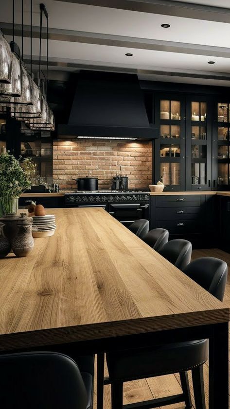 A black shaker style kitchen with wooden work surfaces and large central table. Modern Black Kitchen, Industrial Style Kitchen, Brick Kitchen, Black Kitchen Cabinets, Diy Kitchen Furniture, Diy Outdoor Kitchen, Elegant Kitchens, Diy Kitchen Cabinets, Wood Furniture Diy