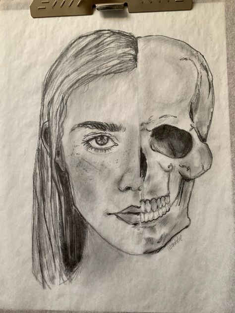 half face half skull art sketch portrait Half Skull Face Drawing, Half Head Drawing, Half Good Half Evil Drawing, Half Portrait Drawing, Half And Half Drawings, Half Skeleton Half Human Drawing, Half Skull Half Face Drawing, Half And Half Art, Half Face Sketch