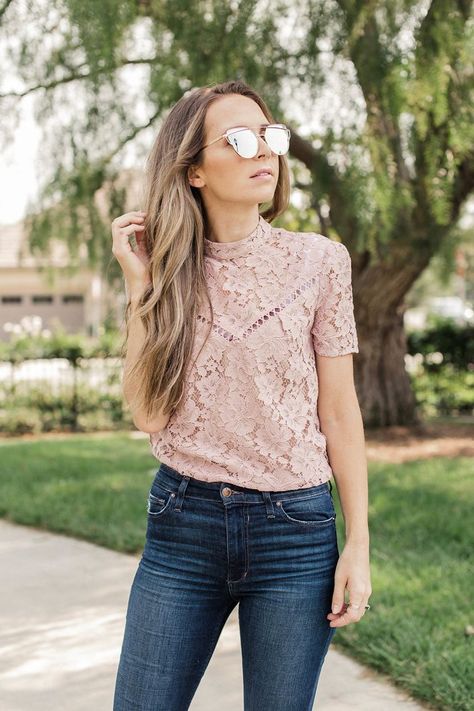 Dusty Rose Blouse #nightout #outfit #outfitideas #fashion #style #women #womensoutfit Rose Pink Top Outfit, Blush Blouse Outfit, Pretty Tops With Jeans, Blush Pink Top Outfit, Blush Top Outfit, Pink Lace Top Outfit, Pink Top And Jeans Outfit, Lace Top And Jeans, Lace Blouse Outfit