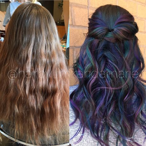 Spring Colouring, Oil Slick Hair Color, Oil Slick Hair, Slick Hair, Sombre Hair, Mocha Hair, Amber Hair, Holographic Hair, Galaxy Hair