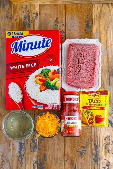 ground beef, taco seasoning, water, Minute Rice, salsa, shredded cheddar cheese. Taco Rice With Minute Rice, Ground Beef Taco Rice, Minute Rice Recipes Ground Beef, Rice Hamburger Recipes, Taco Rice Casserole, Taco Rice Recipe, Salsa Rice, Minute Rice Recipes, Herb Rice