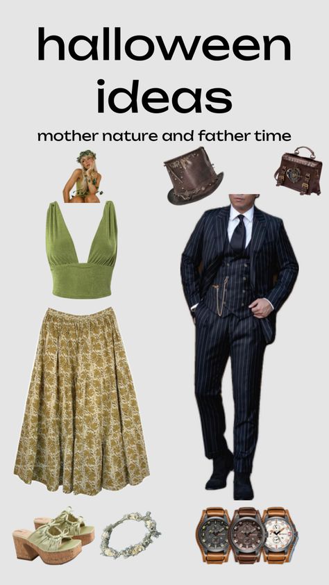 mother nature 🍃 and father time ⏱️ #halloween #mothernature #fathertime #couplescostume #halloweeninspo Mother Nature And Father Time, Nature Halloween Costume, Mother Nature Halloween, Mother Nature Costume, Father Time, Halloween Inspo, Create Collage, Mother Nature, Halloween Costumes