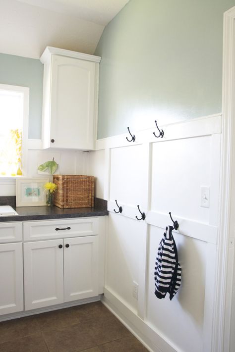 Love the hooks and white paneling. Plan to do something similar as soon as I can talk Steve into it! Laundry Room Redo, Laundry Room/mud Room, Laundry Room Bathroom, Laundry Room Remodel, Laundry Room Inspiration, Laundry Mud Room, Room Redo, Laundry Room Makeover, Board And Batten