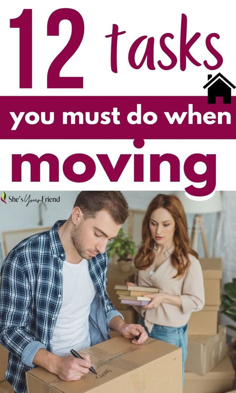 a man and woman packing with text overlay that reads twelve tasks you must do when moving What To Do When Moving, Moving Out Of State Checklist, Home Moving Checklist, Moving House Checklist, Moving Out Of Home, Moving Out Of State, House Checklist, Moving Checklist, Task To Do