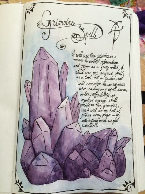 First page to my grimoire is completed! I'm really glad the watercolor and ink didn't bleed through the paper. Of course instead of "grimoire spell" it's more like "grimoire promise or vow,", but it... Witchcraft Spells For Beginners, Nature Witch, Crystal Drawing, Witchcraft Books, Grimoire Book, Wiccan Spell Book, Book Of Shadow, Baby Witch, Witch Books