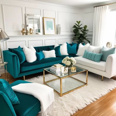 38 Stunning Teal Living Room Ideas for a Modern and Stylish Space - Style Zuri Turquoise Couch Living Room Ideas, Teal Sofa Living Room Decor, Teal And Gold Living Room, Teal Couch Living Room, Teal Living Room Ideas, Teal Sofa Living Room, Peaceful Living Room, Teal Living Room, Blue And Yellow Living Room