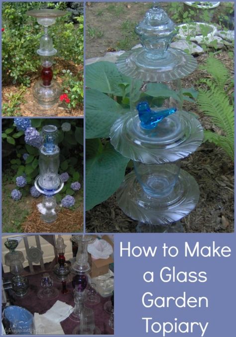 How-To-Make-Glass-Garden-Topiary Glass Totems For The Garden, Glass Yard Art Ideas, Patio Step, Corner Patio, Repurposed Glassware, Glass Totems, Garden Topiary, Glassware Garden Art, Garden Totem