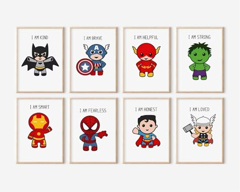 Imagine a bedroom or playroom filled with creative energy and imagination. Our Superhero Wall Art is the perfect addition to spark your little ones' superpowers. Each poster features vibrant and colorful illustrations that bring to life their favorite heroes in action-packed scenes. With digital download, instantly transform any blank space into a super cool sanctuary with prints that can be easily downloaded and printed at home. Let your little one's imagination soar as they embark on epic adventures with their superhero squad. Get ready to unleash their inner heroes with our printable wall art that will bring joy and excitement to any room for many years. ---------------------------------------------------------------------------------- Size Guide ( If you want custom size please message Kids Superhero Bedroom, Avengers Bedroom Ideas, Super Hero Room, Superhero Squad, Boy Bedroom Decor, Bedroom Decor Kids, Superhero Prints, Superhero Wall, Superhero Room