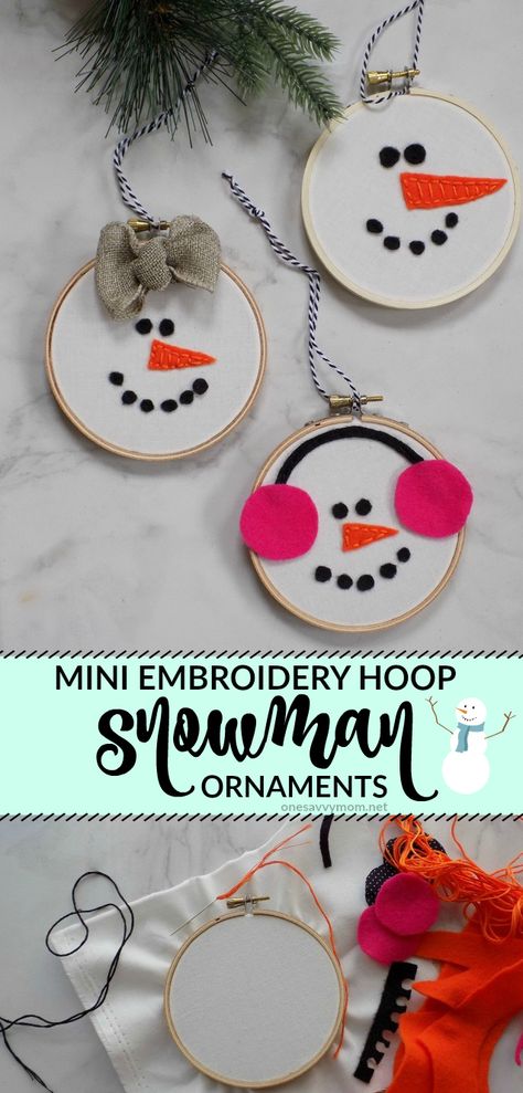 Embroidery Hoop Snowman, Mini Embroidery Hoop Ideas Christmas, Small Embroidery Hoop Ornaments, Easy Embroidery Ornaments, Winter Ornaments For Kids, Mini Embroidery Hoop Ornaments, Crafts With Embroidery Hoop, Embroidery Hoop Ornaments Diy, Embroidery Ring Decor