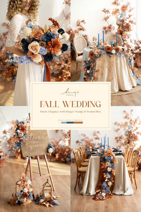 Blue And Rust Wedding Theme, Orange And Blue Rustic Wedding, 3 Color Wedding Theme, Russet Orange And Denim Blue, Rust Orange And Dusty Blue Wedding, Blue And Burnt Orange Wedding Decor, Navy Blue And Burnt Orange Wedding Reception, Blue And Fall Colors Wedding, Navy Blue And Rusty Orange Wedding