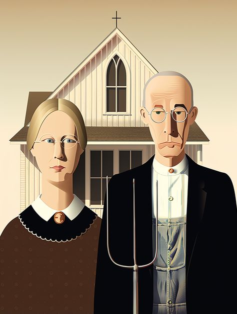 American Gothic (Grant Wood) depicted in a Scandinavian minimalistic art style. AI-generated Grant Wood American Gothic, Grant Wood, Minimalistic Art, American Gothic, Surreal Art, Custom Art, Gothic Fashion, Surrealism, Art Style