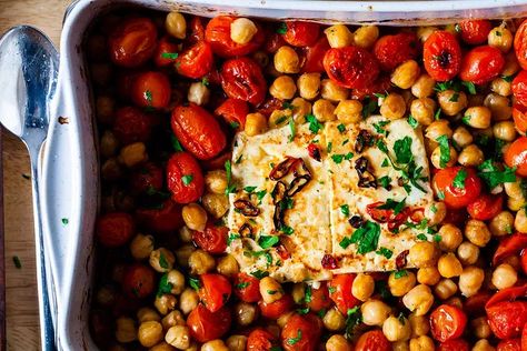 baked feta with tomatoes and chickpeas – smitten kitchen Nyc Kitchen, Sour Cream Pancakes, Baked Feta, Lunch Inspiration, 2024 Recipes, Savory Meals, Feta Pasta, Smitten Kitchen, Roasted Chickpeas