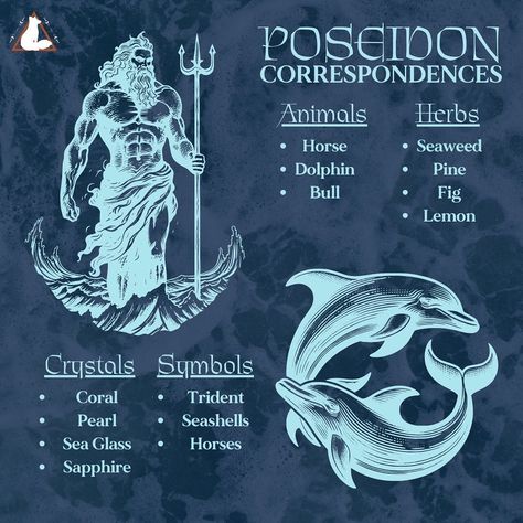 Poseidon Correspondences and some items in the shop for Him #poseidon #hellenic #pagan #witch Posiden Aesthetic Greek Mythology, Poseidon Offerings, Deity Symbols, Poseidon Altar, Poseidon Symbol, Poseidon Logo, Hellenic Pagan, Ocean God, Poseidon Aesthetic